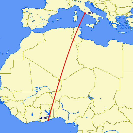 перелет Аккра — Рим на карте