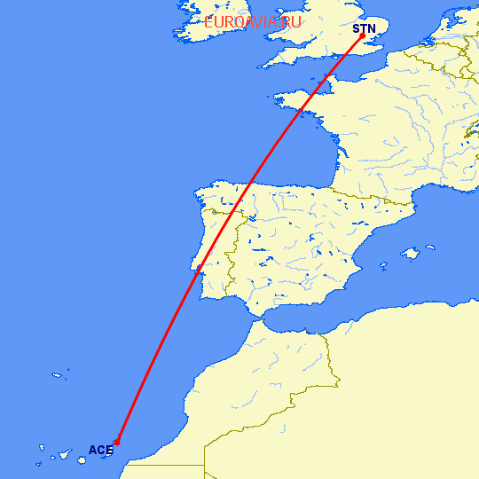 перелет Арресифе — Лондон на карте