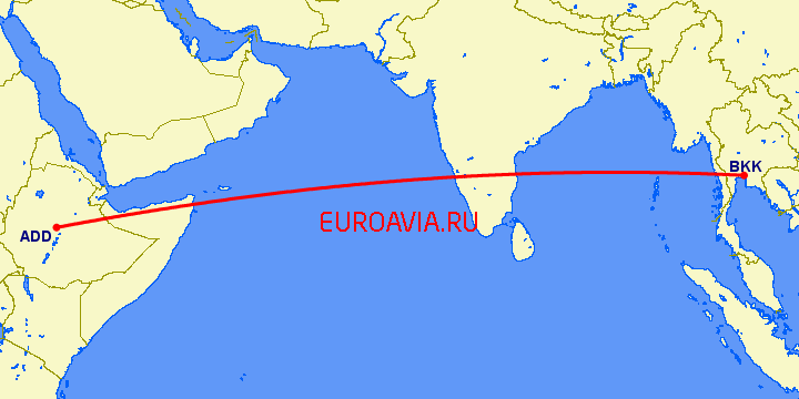 перелет Аддис Абеба — Бангкок на карте