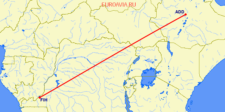 перелет Аддис Абеба — Киншаса на карте
