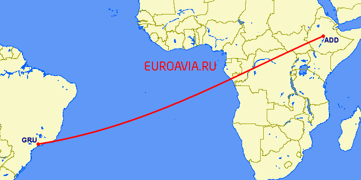 перелет Аддис Абеба — Сан Паулу на карте