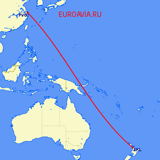 перелет Окленд — Шанхай на карте