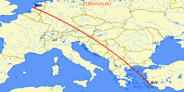 перелет Амстердам — Бодрум на карте
