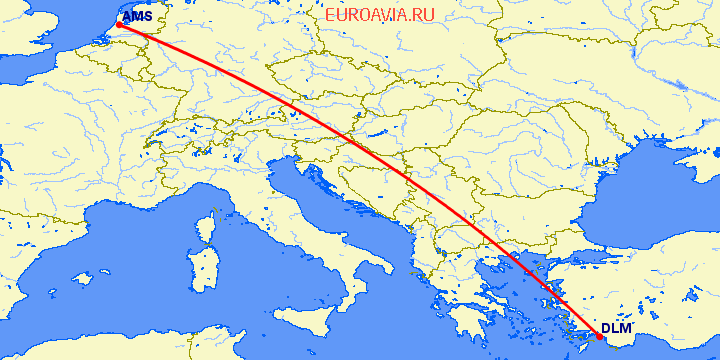 перелет Амстердам — Даламан на карте
