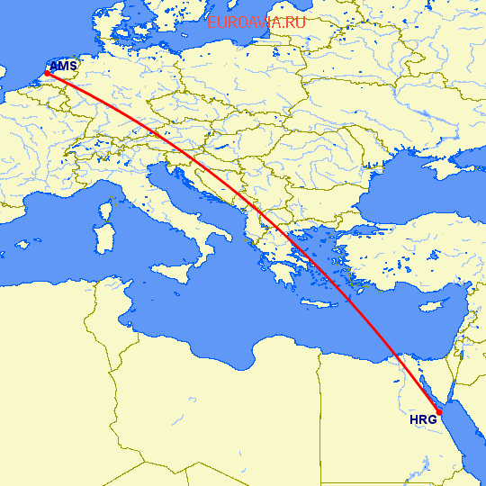 перелет Амстердам — Хургада на карте