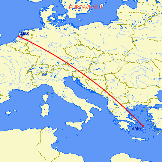 перелет Амстердам — Миконос на карте