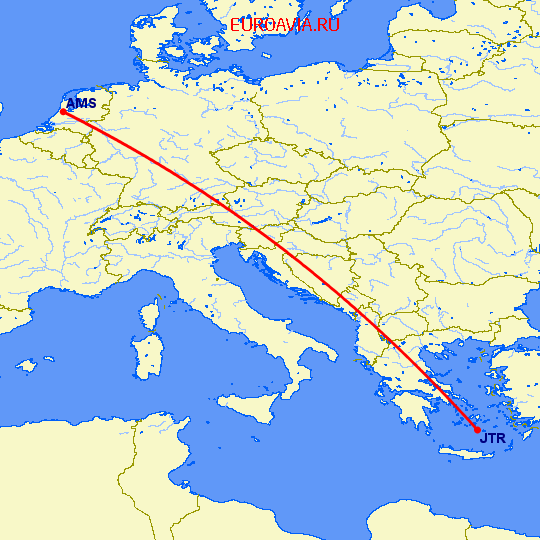 перелет Амстердам — Санторини на карте