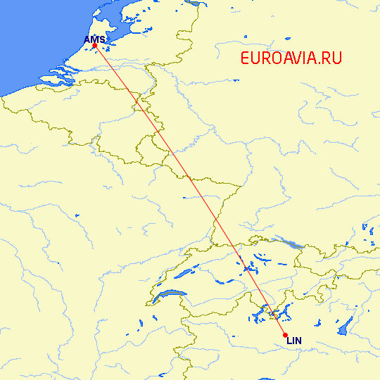 перелет Амстердам — Милан на карте
