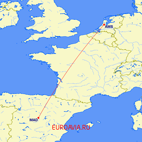 перелет Амстердам — Мадрид на карте