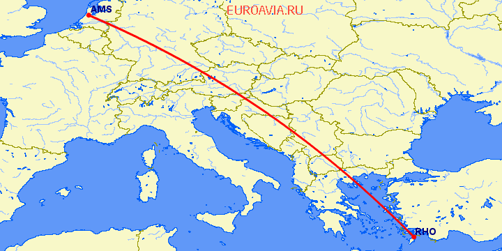 перелет Амстердам — Родос на карте