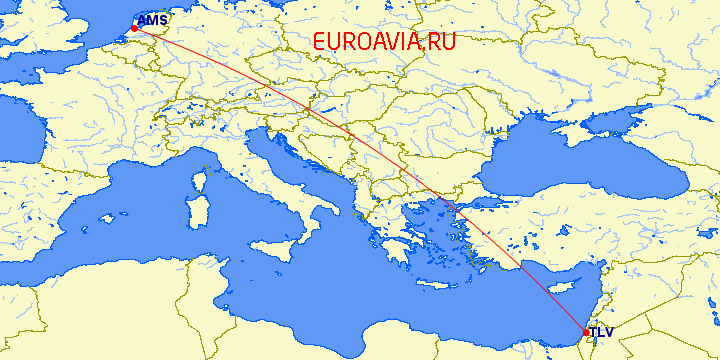 перелет Амстердам — Тель Авив на карте