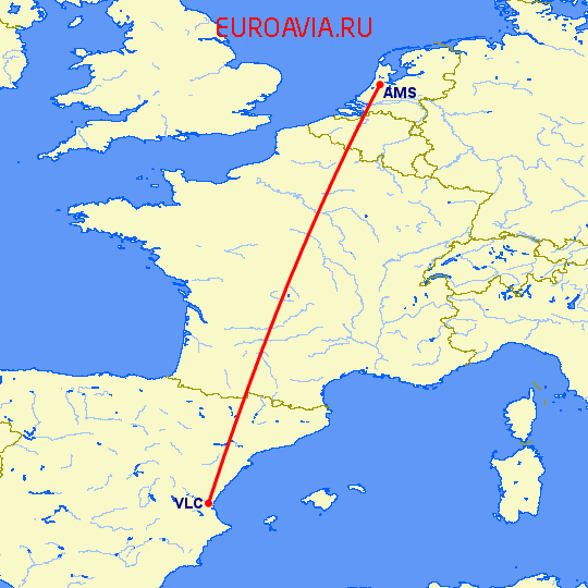 перелет Амстердам — Валенсия на карте