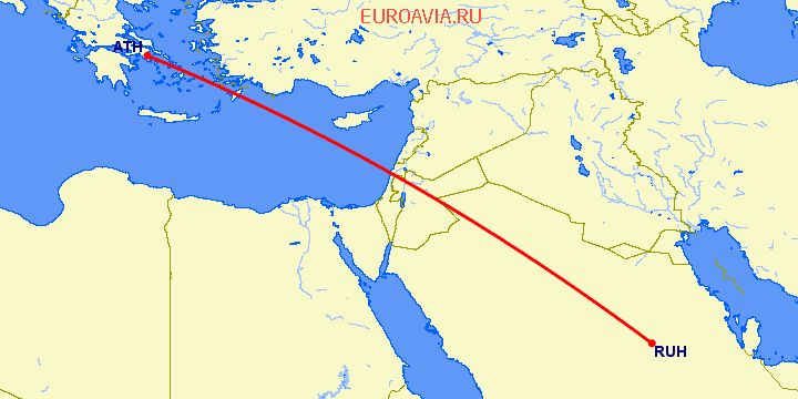 перелет Афины — Эр Рияд на карте