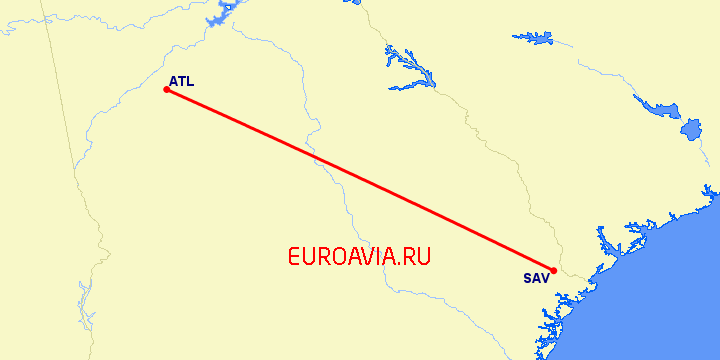 перелет Атланта — Саванна на карте