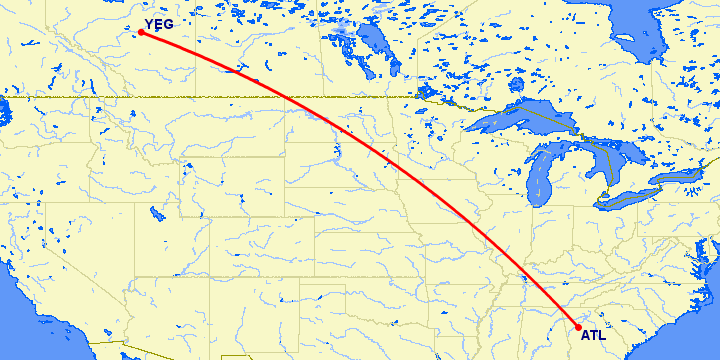 перелет Атланта — Эдмонтон на карте