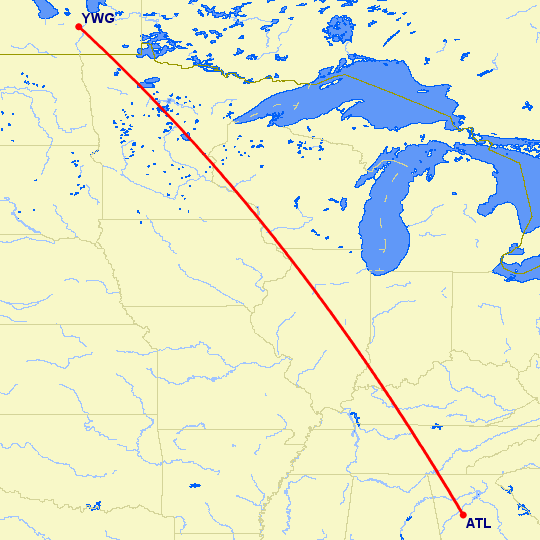 перелет Атланта — Виннипег на карте