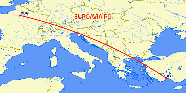 перелет Анталия — Париж на карте