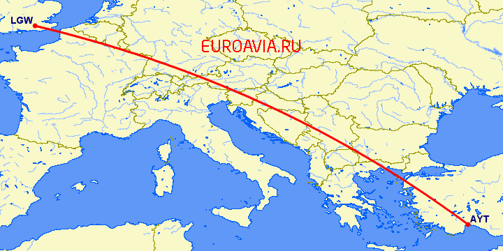 перелет Анталия — Лондон на карте