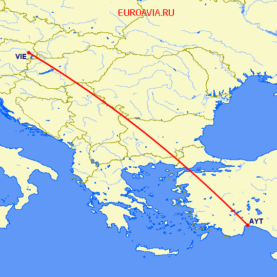 перелет Анталия — Вена на карте