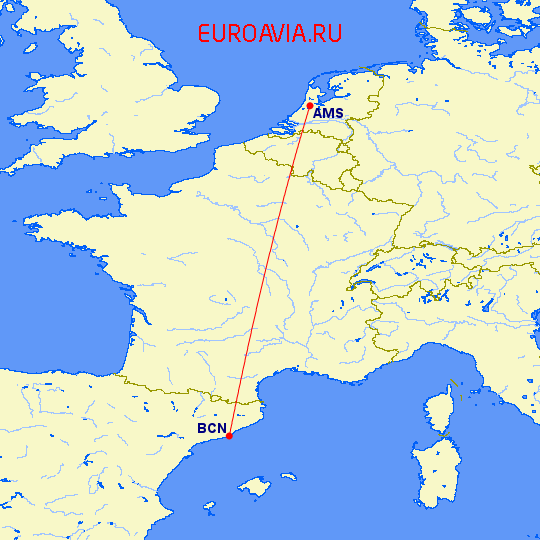 перелет Барселона — Амстердам на карте