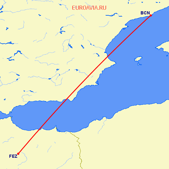 перелет Барселона — Фес на карте