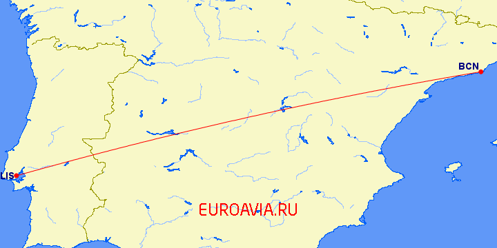 перелет Барселона — Лиссабон на карте