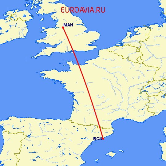перелет Барселона — Манчестер на карте