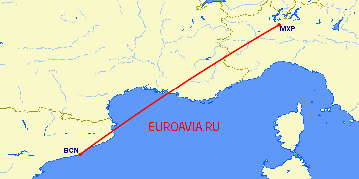перелет Барселона — Милан на карте