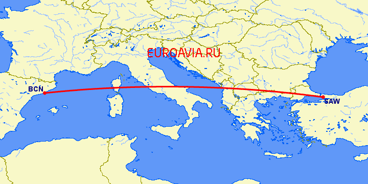 перелет Барселона — Стамбул на карте