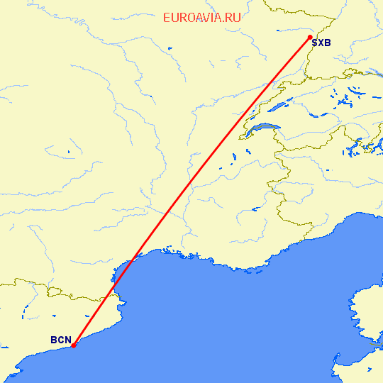 перелет Барселона — Страсбург на карте