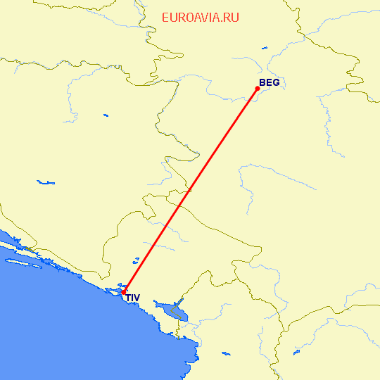 перелет Белград — Тиват на карте