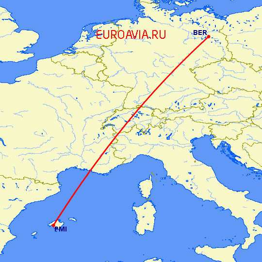 перелет Берлин — Пальма де Майорка на карте