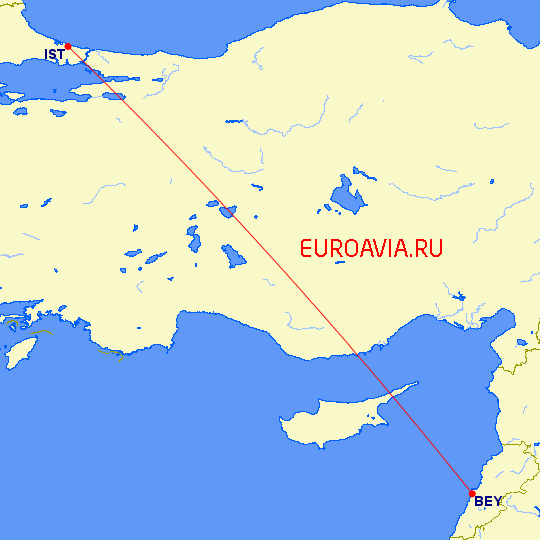 перелет Бейрут — Стамбул на карте