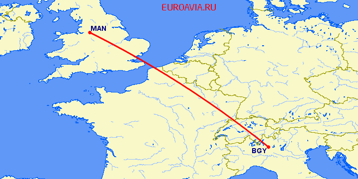 перелет Бергамо — Манчестер на карте