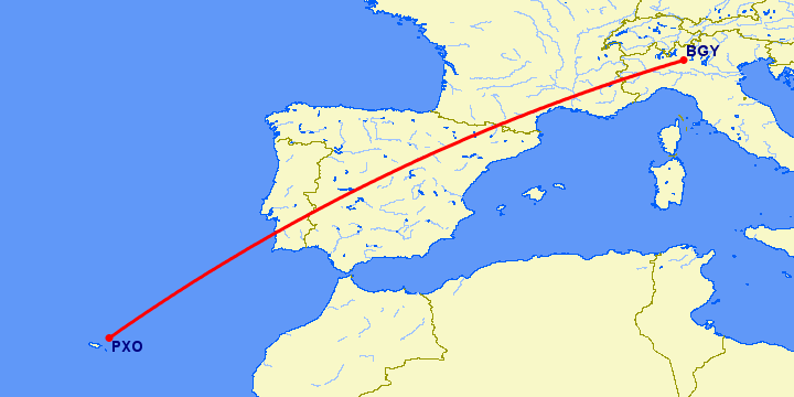 перелет Бергамо — Порту Санту на карте