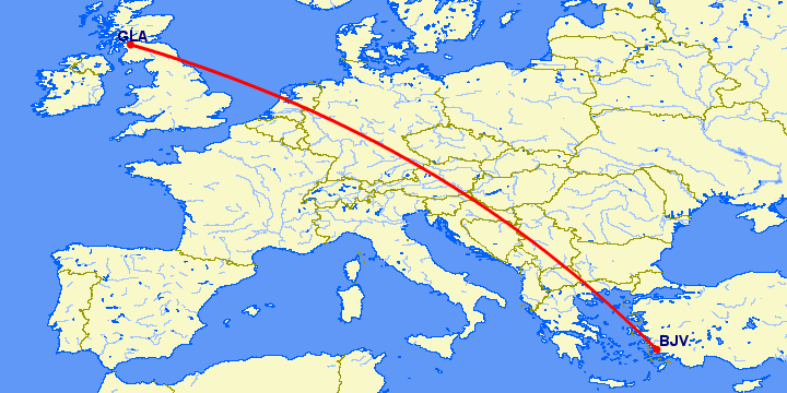 перелет Бодрум — Глазго на карте