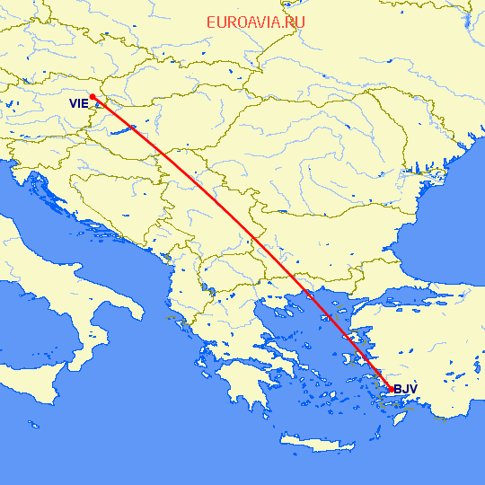 перелет Бодрум — Вена на карте