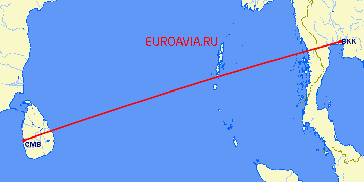 перелет Бангкок — Коломбо на карте