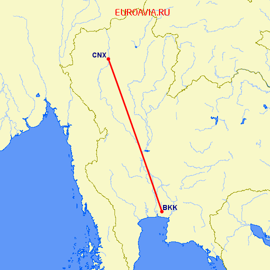 перелет Бангкок — Чианг Май на карте