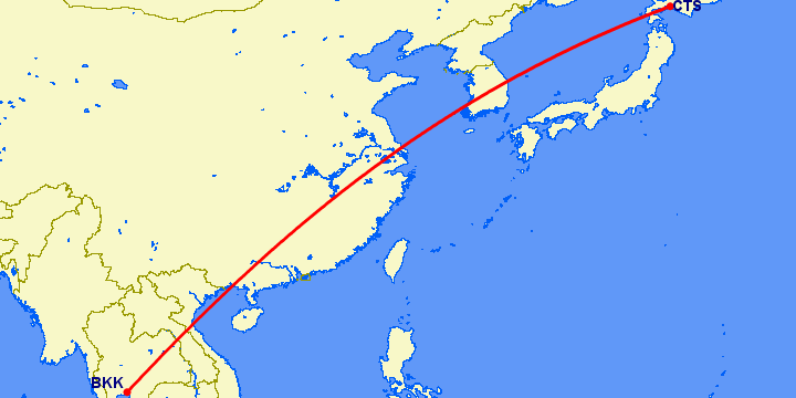 перелет Бангкок — Саппоро на карте