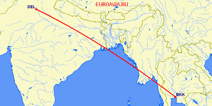 перелет Бангкок — Нью Дели на карте