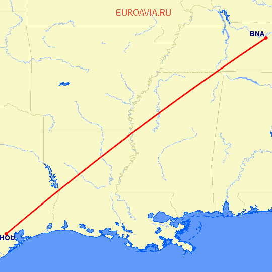 перелет Нашвилл — Хьюстон на карте