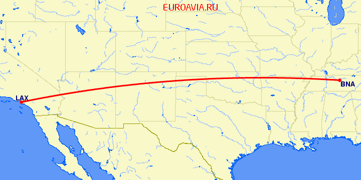 перелет Нашвилл — Лос Анджелес на карте
