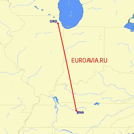 перелет Нашвилл — Чикаго на карте