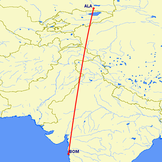 перелет Бомбей — Алматы на карте