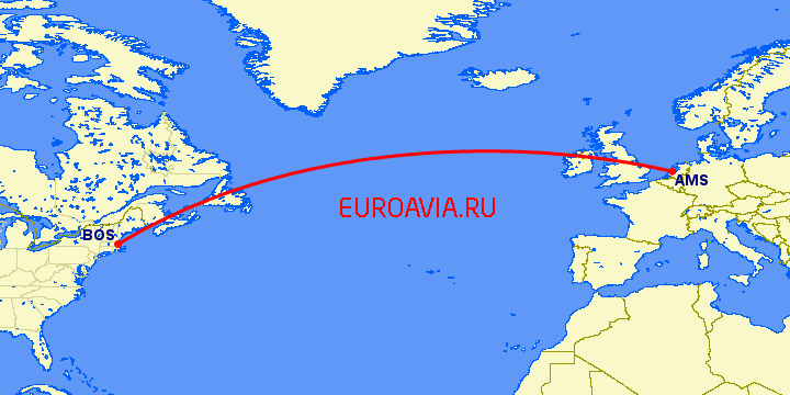 перелет Бостон — Амстердам на карте