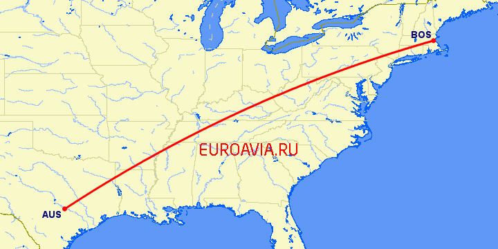 перелет Бостон — Остин на карте