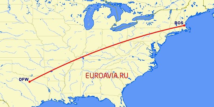 перелет Бостон — Даллас на карте
