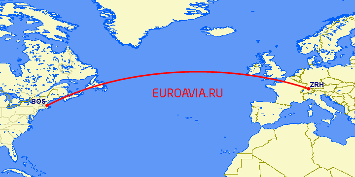 перелет Бостон — Цюрих на карте