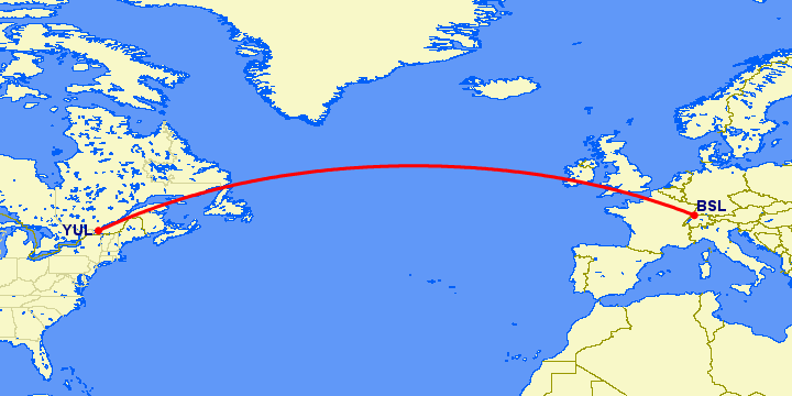перелет Базель-Мюлуз — Монреаль на карте